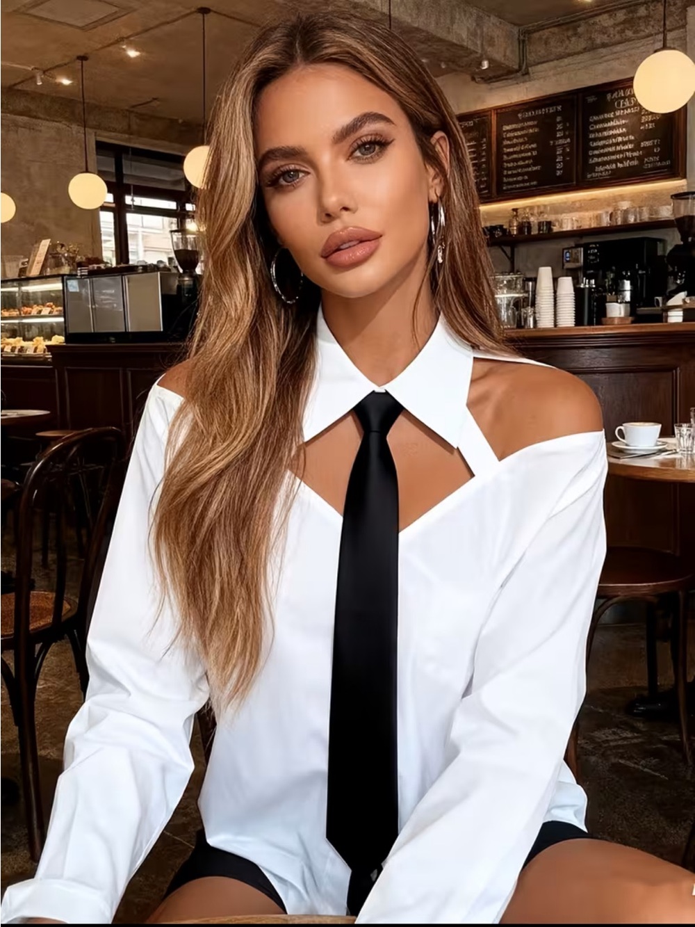 Women’s White cold -Shoulder Collared Top with Black Tie